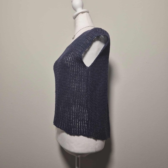 Eileen Fisher Organic Linen Cotton Blend Chunky Knit Open Split Back Navy Top S - Picture 3 of 8